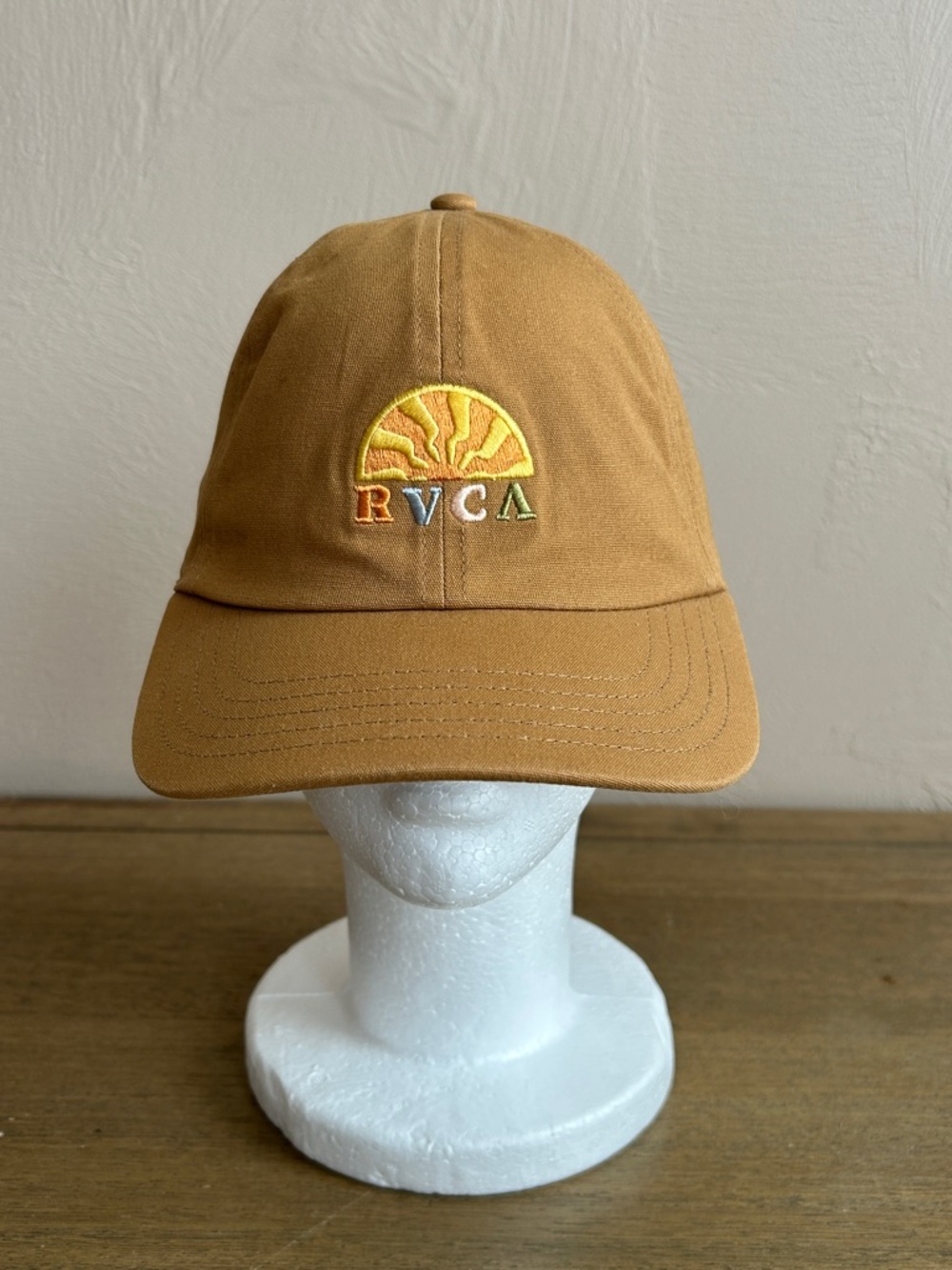 RVCA Brown Women's Rays Adjustable Dad Hat 100% Chambray. Embroidered Half Sun.